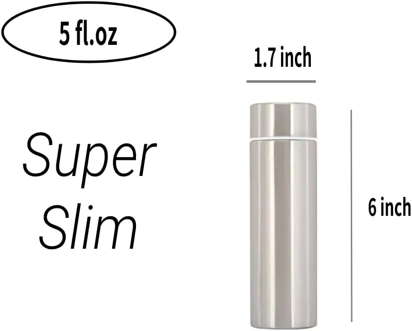 Jumigra Insulated Water Bottle, 18/8 (304) Stainless Steel, Super Slim Skinny Mini, Portable, Leak Proof, 5oz, Silver