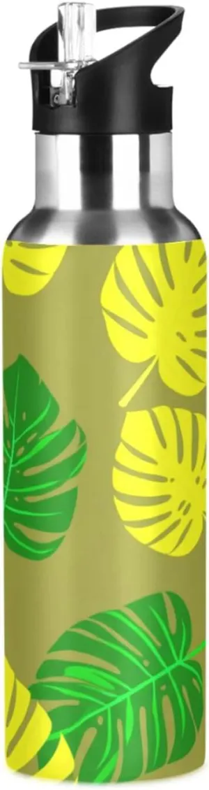 Jungle Leaf Sports Water Bottle with Straw, 22oz BPA Free Stainless Steel Vacuum Insulated Bottle for Gym Fitness Outdoor
