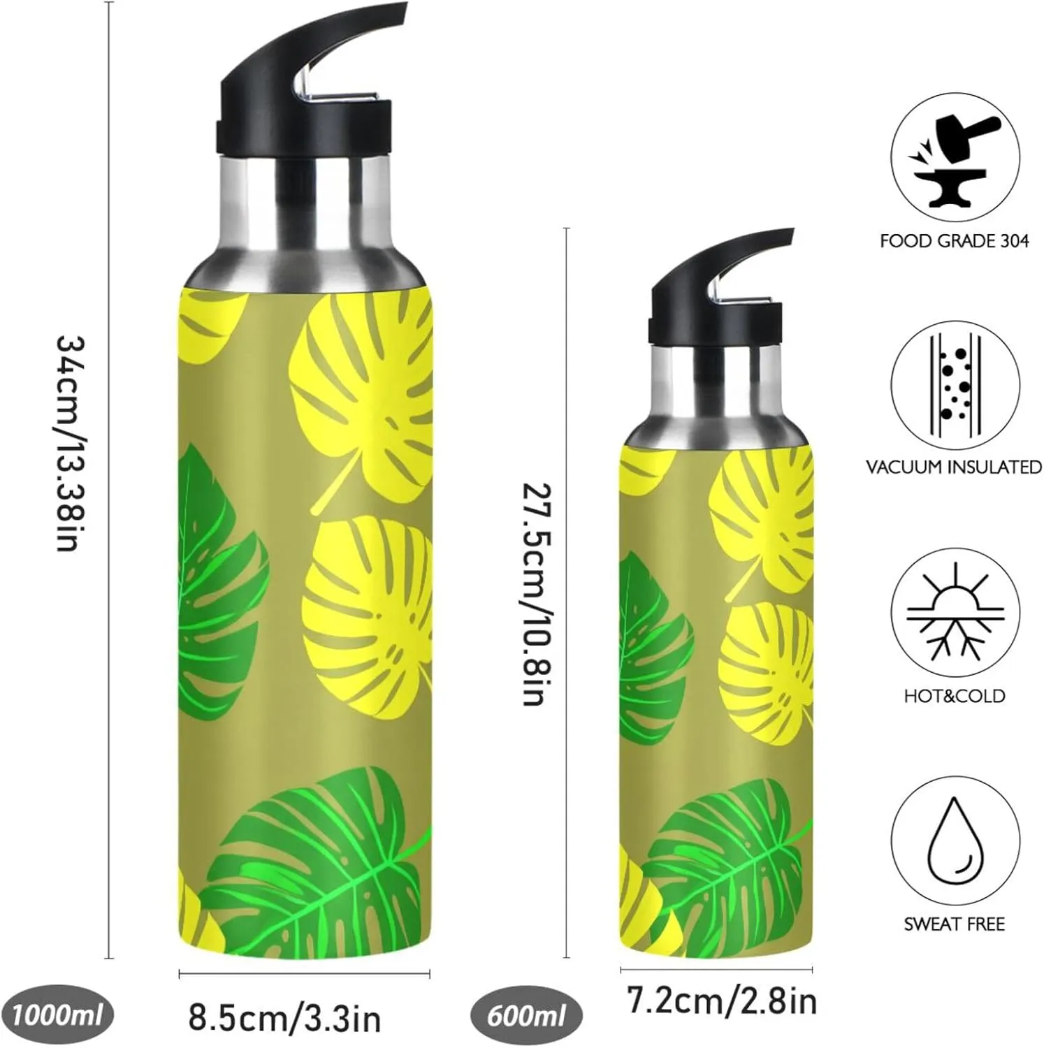 Jungle Leaf Sports Water Bottle with Straw, 22oz BPA Free Stainless Steel Vacuum Insulated Bottle for Gym Fitness Outdoor