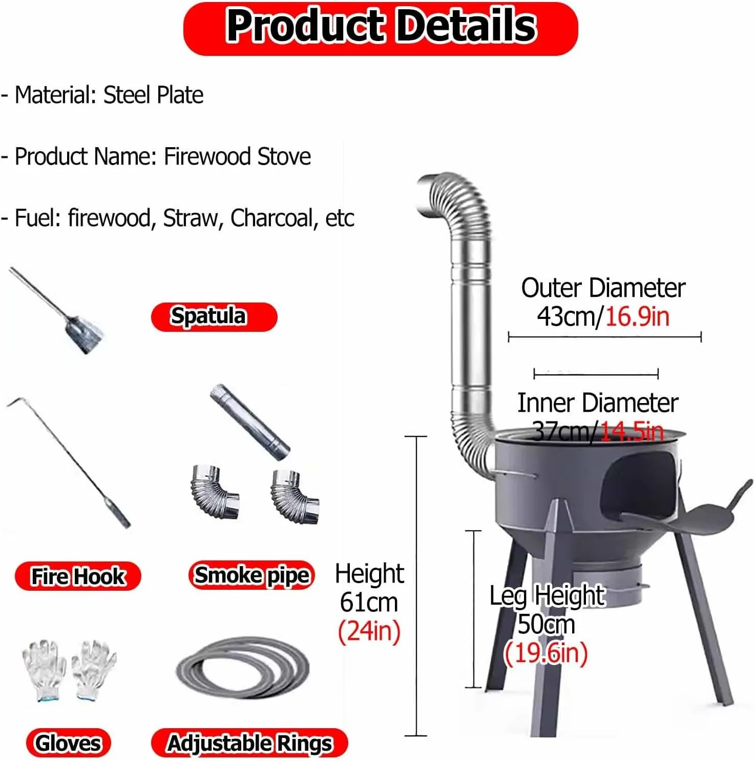 JYHHCYS Wood Burning Rocket Stove Camping - 41 61cm Tall Hot Tent Stove w/Detachable Legs for Heating and Cooking - Pot Belly Stove Ideal for Outdoor Picnic, BBQ, Hunting, Fishing(61x43cm/24x16.9in)