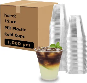 Karat [1,000 ct] 12oz Plastic Cups, Clear Disposable Cold Cups for Iced Coffee, Smoothies, Cocktail, and Water, 98mm