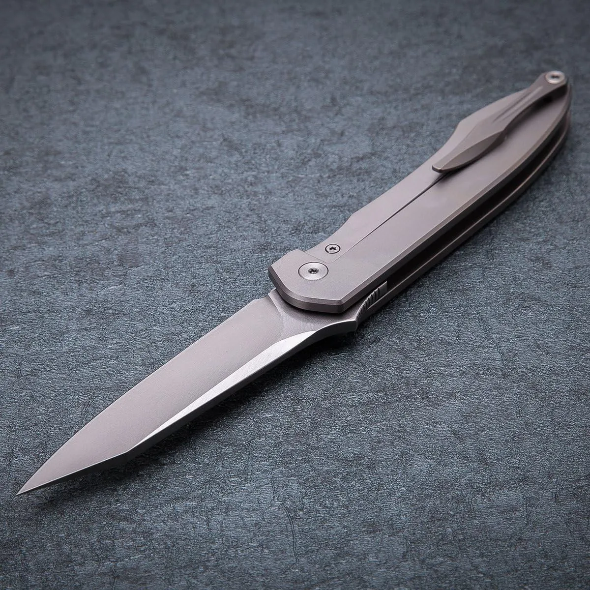 KATSU Camping Pocket Folding Japanese Knife with Clip, Titanium & Carbon Fiber Handle, Frame Lock, Stonewashed Cleaver Razor Blade, Leather Sheath(S35VN Drop-Point Blade)