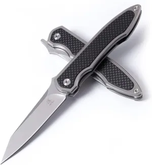 KATSU Camping Pocket Folding Japanese Knife with Clip, Titanium & Carbon Fiber Handle, Frame Lock, Stonewashed Cleaver Razor Blade, Leather Sheath(S35VN Drop-Point Blade)