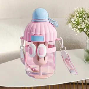 Kawaii Water Bottle Bottles with Straw Adjustable Strap&Fruit Filter, Gym Outdoor Activities Portable Travel Leakproof Jug (Pink)