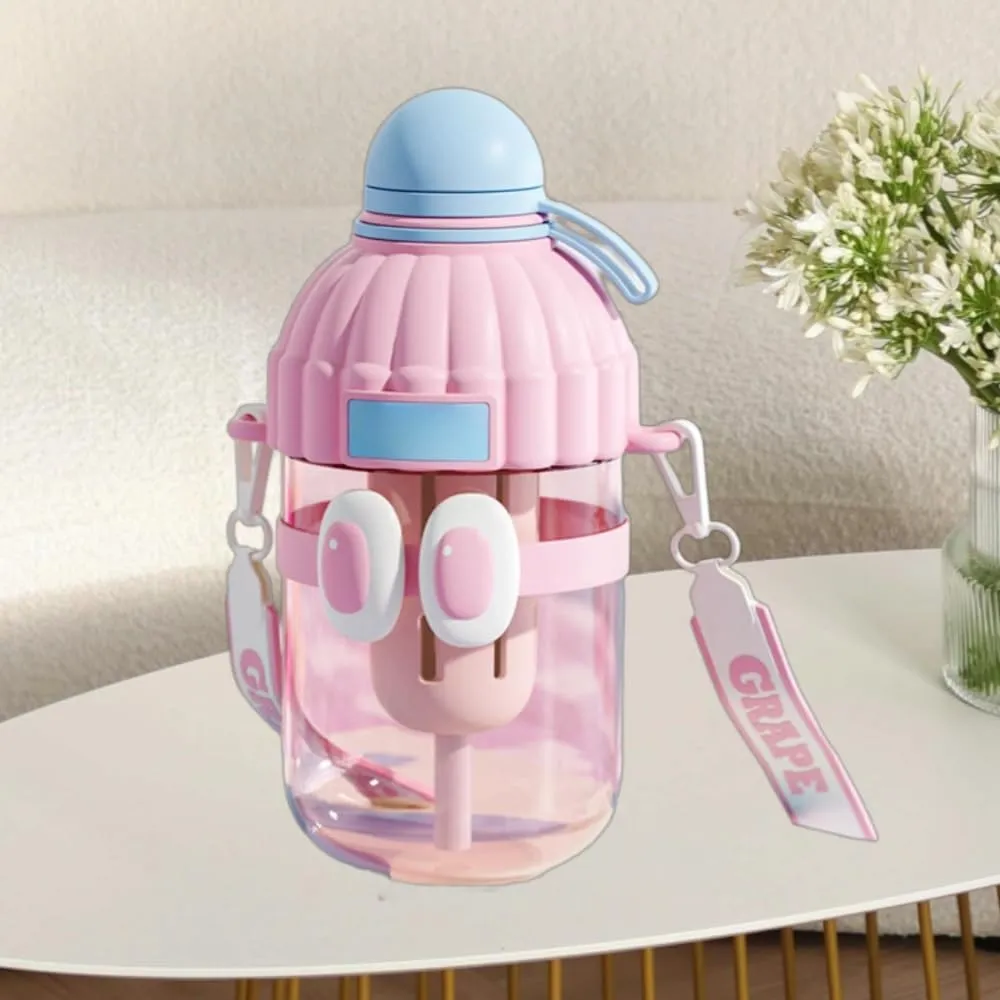 Kawaii Water Bottle Bottles with Straw Adjustable Strap&Fruit Filter, Gym Outdoor Activities Portable Travel Leakproof Jug (Pink)