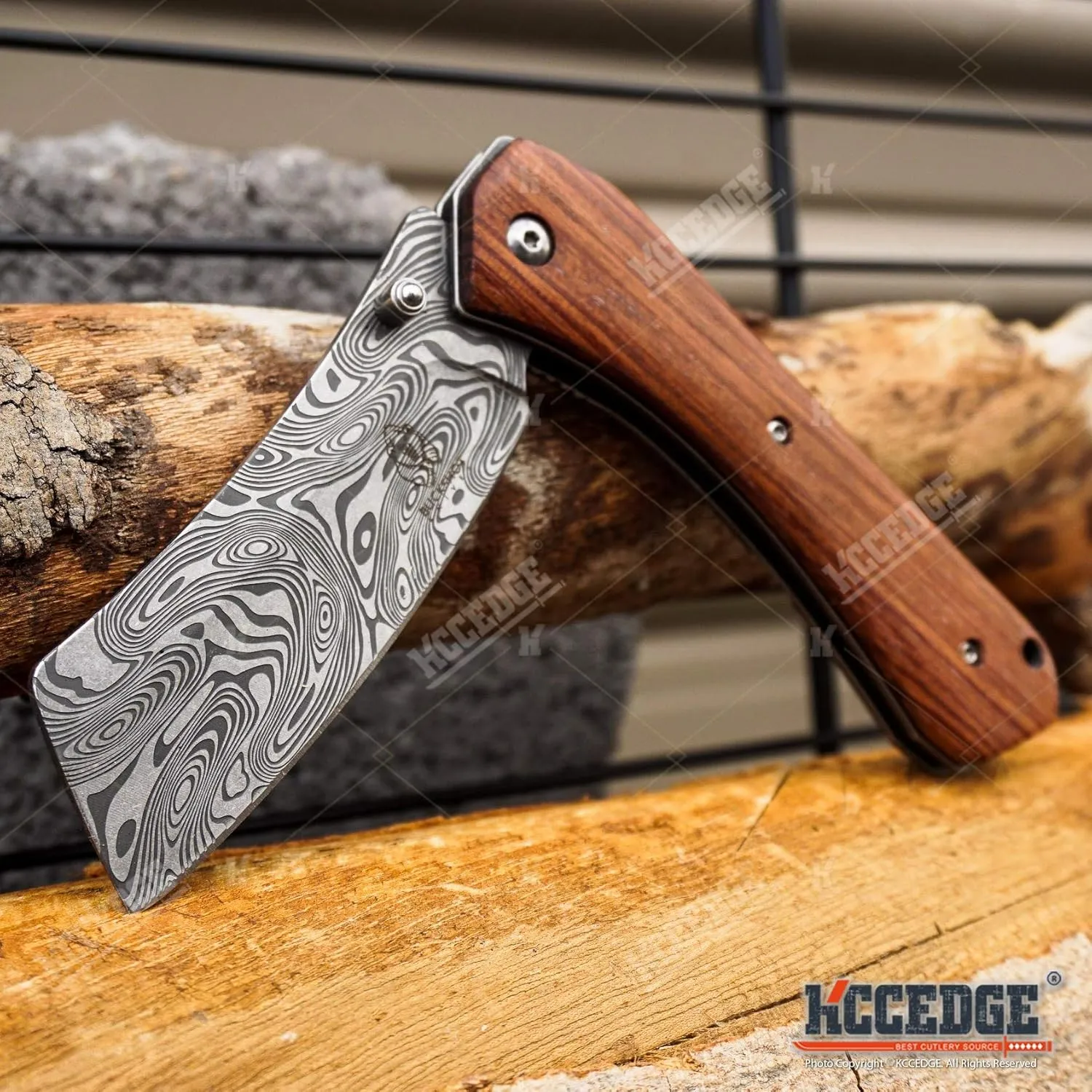 KCCEDGE BEST CUTLERY SOURCE EDC Pocket Knife Camping Accessories Razor Sharp Edge Cleaver Blade Folding Knife for Camping Gear Survival Kit 58649 (Damascus Etched)