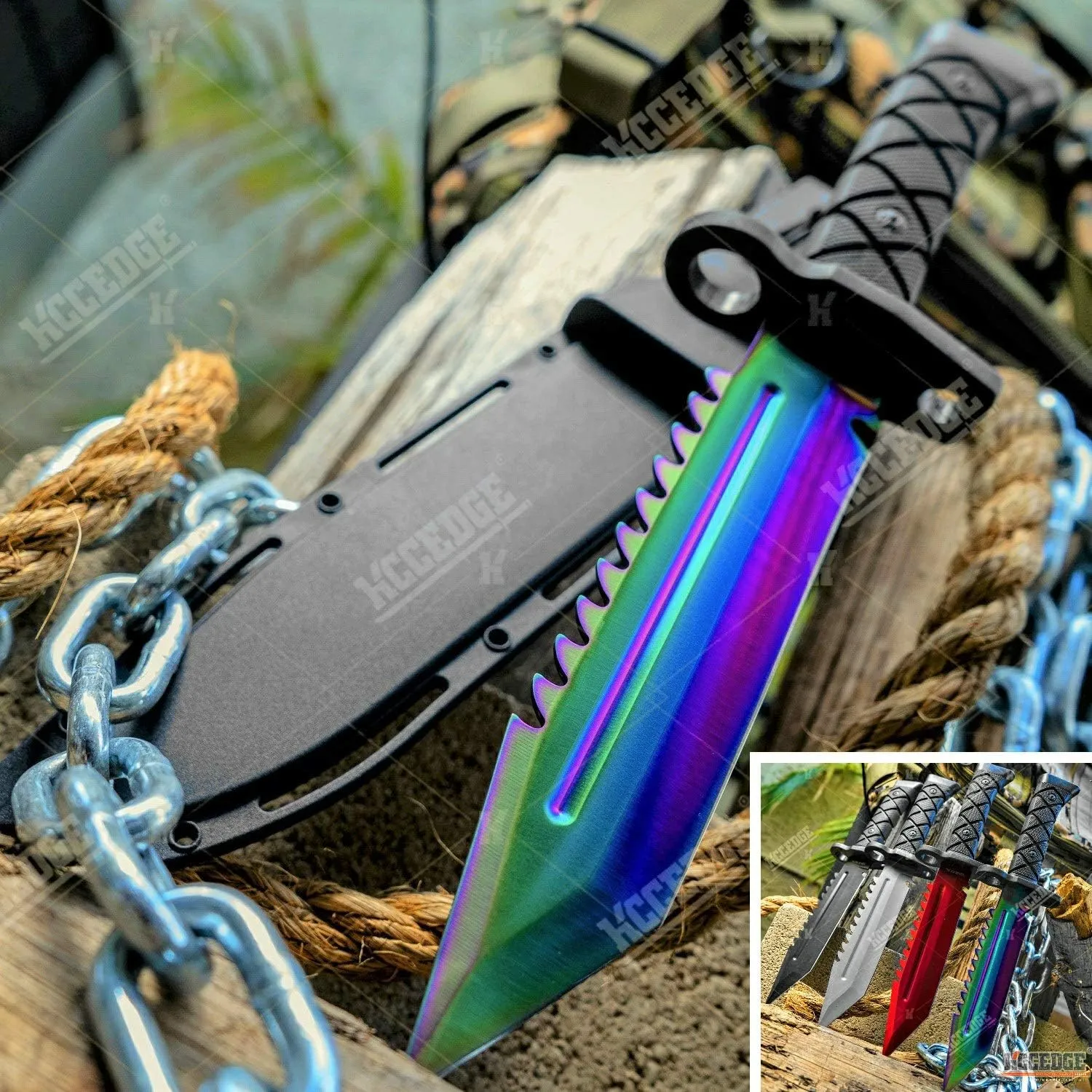 KCCEDGE BEST CUTLERY SOURCE Tactical Knife Hunting Knife Survival Knife Fixed Blade Knife Razor Sharp Edge Camping Accessories Camping Gear Survival Kit Survival Gear Tactical Gear 77077 (Rainbow)