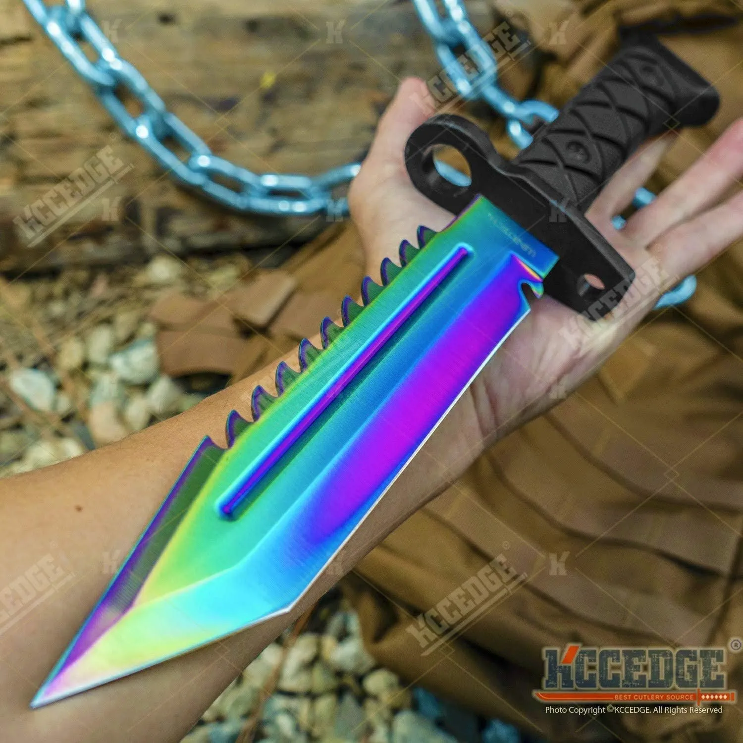 KCCEDGE BEST CUTLERY SOURCE Tactical Knife Hunting Knife Survival Knife Fixed Blade Knife Razor Sharp Edge Camping Accessories Camping Gear Survival Kit Survival Gear Tactical Gear 77077 (Rainbow)
