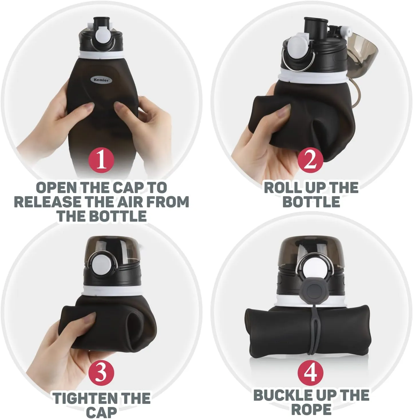Kemier Collapsible Silicone Water Bottles-750ML,Medical Grade,BPA Free Travel Water Bottle Can Roll Up,26oz,Leak Proof Foldable Sports & Outdoor Water Bottles