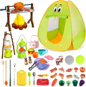 Kids Camping Set with Pop Up Tent Toddler Indoor Outdoor Camping Gear Toys Pretend Play Campfire, BBQ Grill, Tea Party Toy Playset Xmas Gift for 3 4 5 6  Year Old Boys Girls