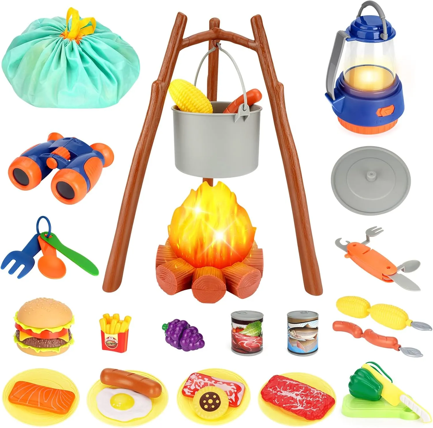 Kids Camping Toys Set, Pretend Play with Campfire, Pretend Cutting Food for Play Kitchen Camping Gear for Kitchen Indoor Outdoor Camping Toys for Kids Toddlers Boys Age 3 4 5 6 7 8 