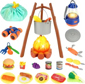 Kids Camping Toys Set, Pretend Play with Campfire, Pretend Cutting Food for Play Kitchen Camping Gear for Kitchen Indoor Outdoor Camping Toys for Kids Toddlers Boys Age 3 4 5 6 7 8 