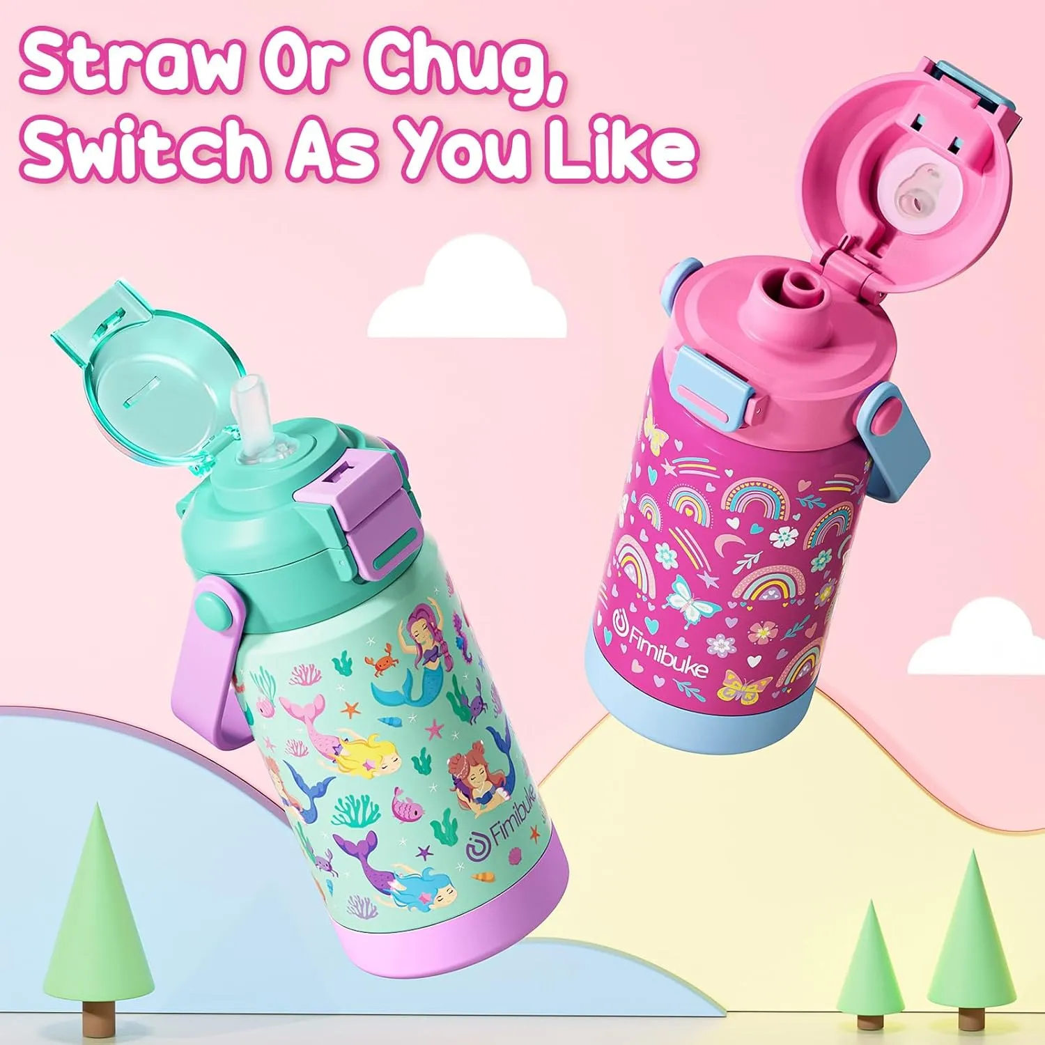 Kids Insulated Water Bottle with Pop-Open Straw & Spout 2-in-1 Lid, 14oz Kids Insulated 18/8 Stainless Steel Water Bottle for School Girls Boys Toddler Water Bottle Leak Proof Kids Cups, Macaron