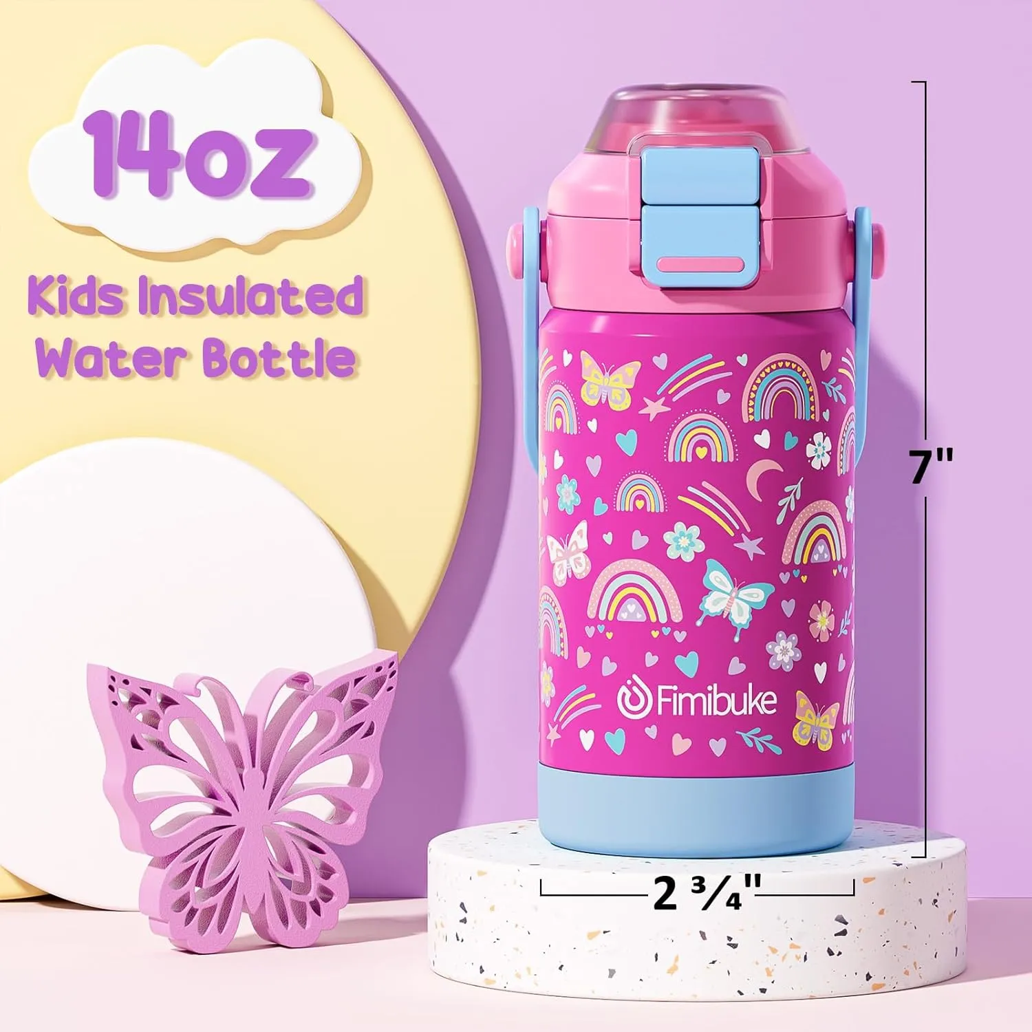 Kids Insulated Water Bottle with Pop-Open Straw & Spout 2-in-1 Lid, 14oz Kids Insulated 18/8 Stainless Steel Water Bottle for School Girls Boys Toddler Water Bottle Leak Proof Kids Cups, Macaron
