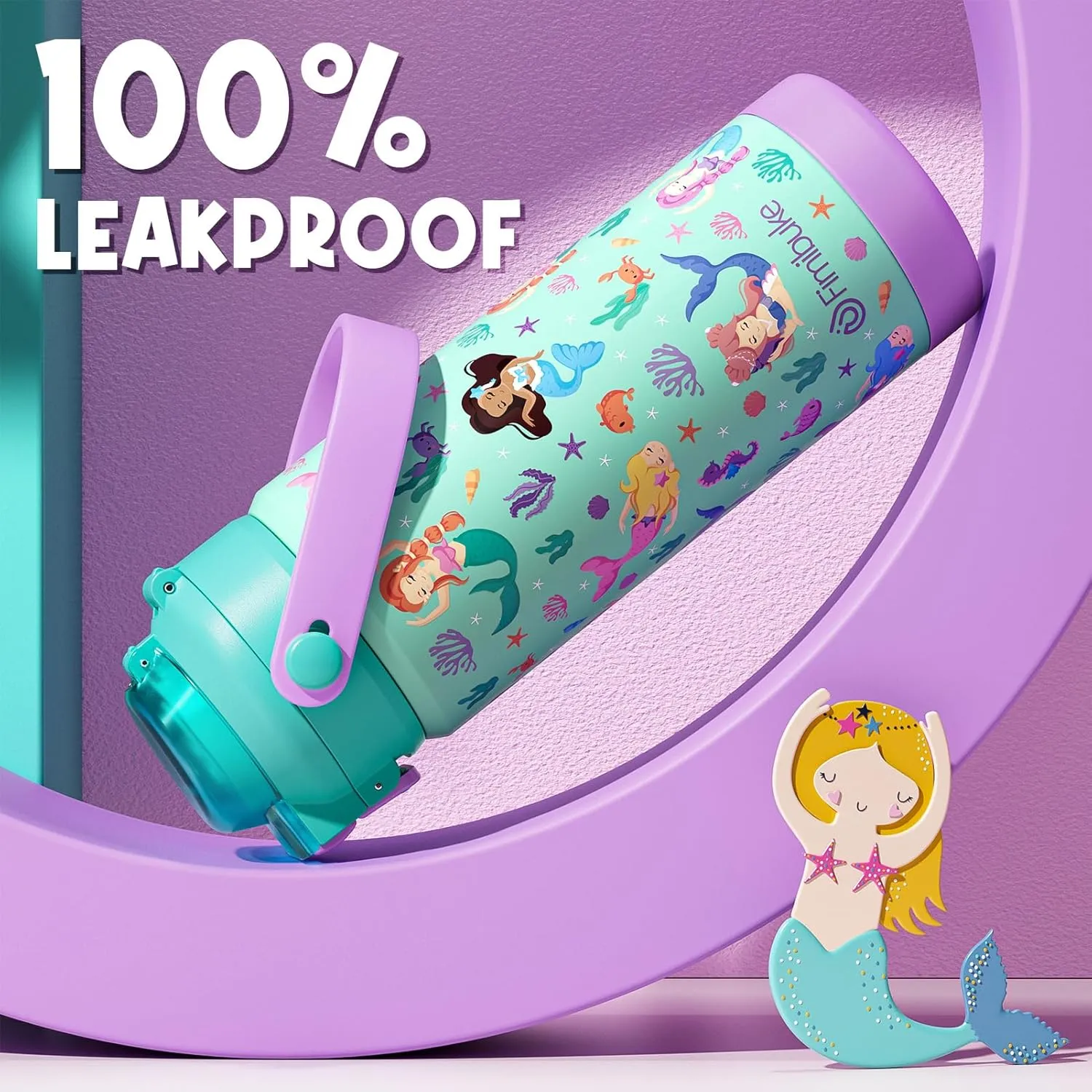 Kids Insulated Water Bottle with Pop-Open Straw & Spout 2-in-1 Lid, 18oz Leak Proof 18/8 Stainless Steel Vacuum Tumbler, BPA-Free Kids Cup For Travel School Boys Girls Toddler, Rainbow & Mermaid