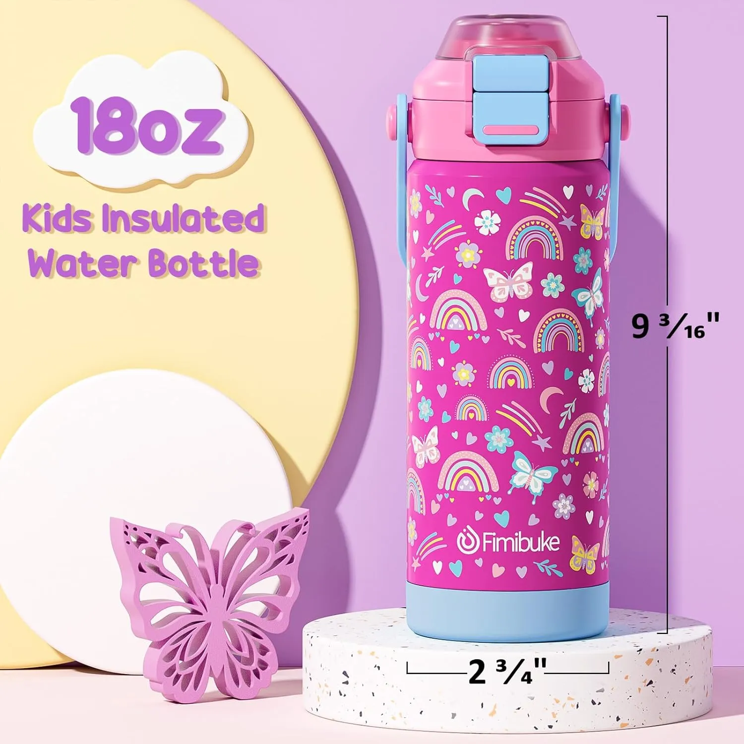 Kids Insulated Water Bottle with Pop-Open Straw & Spout 2-in-1 Lid, 18oz Leak Proof 18/8 Stainless Steel Vacuum Tumbler, BPA-Free Kids Cup For Travel School Boys Girls Toddler, Rainbow & Mermaid