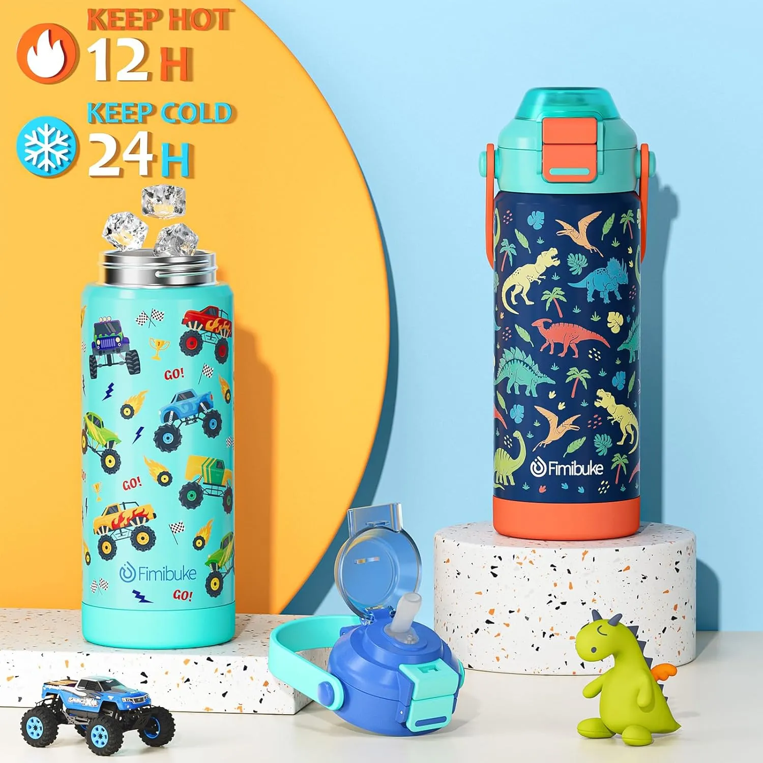Kids Insulated Water Bottle with Pop-Open Straw & Spout 2-in-1 Lid, 18oz Leak Proof 18/8 Stainless Steel Vacuum Tumbler, BPA-Free Kids Cup For Travel School Boys Girls Toddler, Rainbow & Mermaid