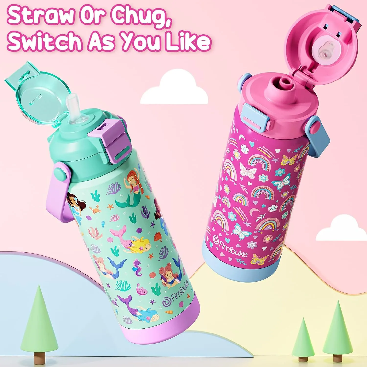 Kids Insulated Water Bottle with Pop-Open Straw & Spout 2-in-1 Lid, 18oz Leak Proof 18/8 Stainless Steel Vacuum Tumbler, BPA-Free Kids Cup For Travel School Boys Girls Toddler, Rainbow & Mermaid