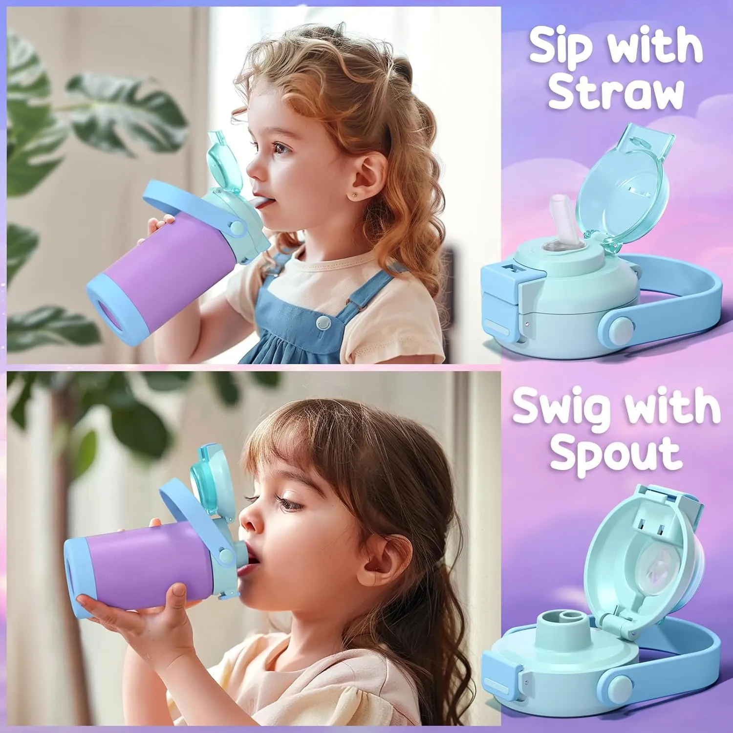 Kids Insulated Water Bottle with Pop-Open Straw & Spout 2-in-1 Lid, 18oz Leak Proof 18/8 Stainless Steel Vacuum Tumbler, BPA-Free Kids Cup For Travel School Boys Girls Toddler, Rainbow & Mermaid