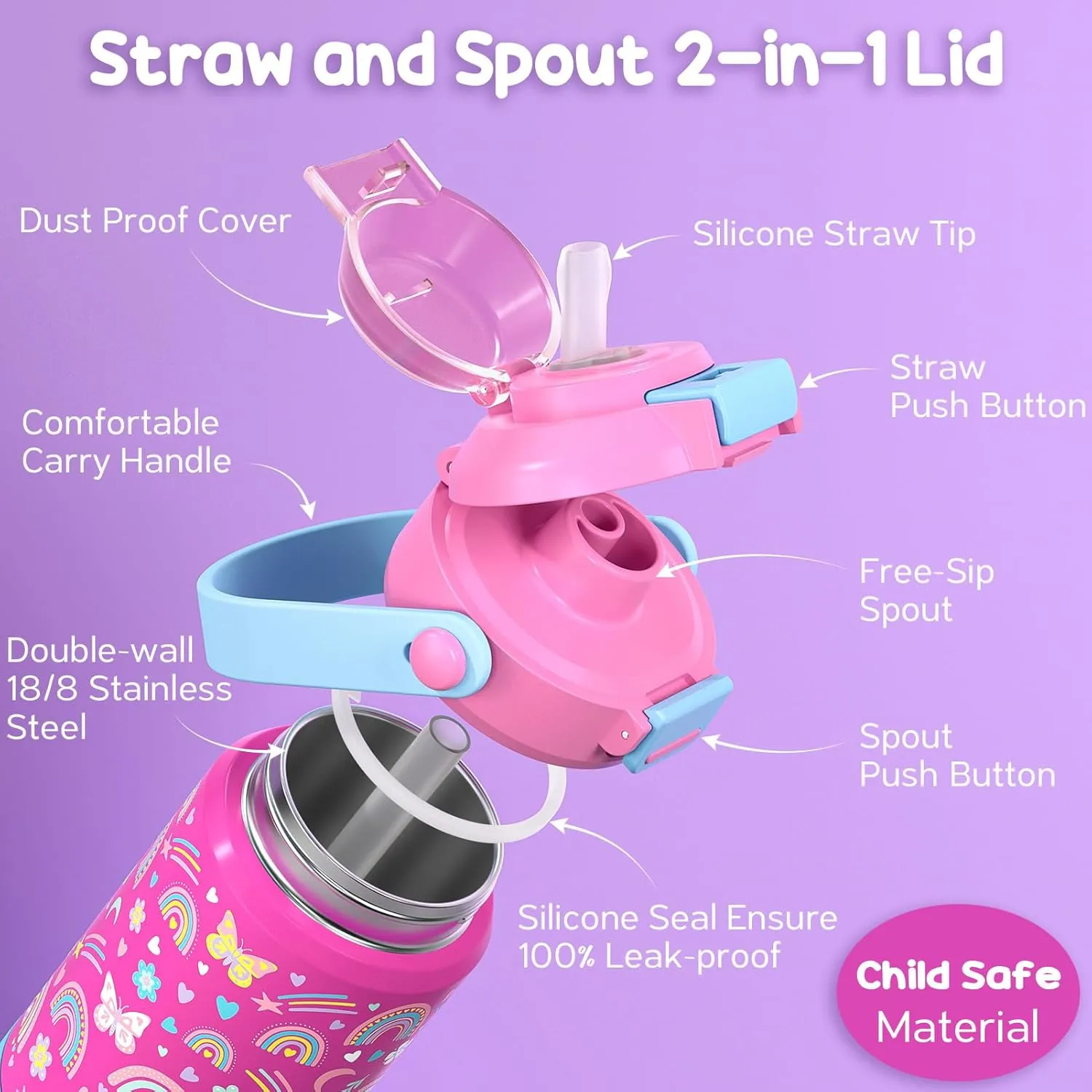 Kids Insulated Water Bottle with Pop-Open Straw & Spout 2-in-1 Lid, 18oz Leak Proof 18/8 Stainless Steel Vacuum Tumbler, BPA-Free Kids Cup For Travel School Boys Girls Toddler, Rainbow & Mermaid