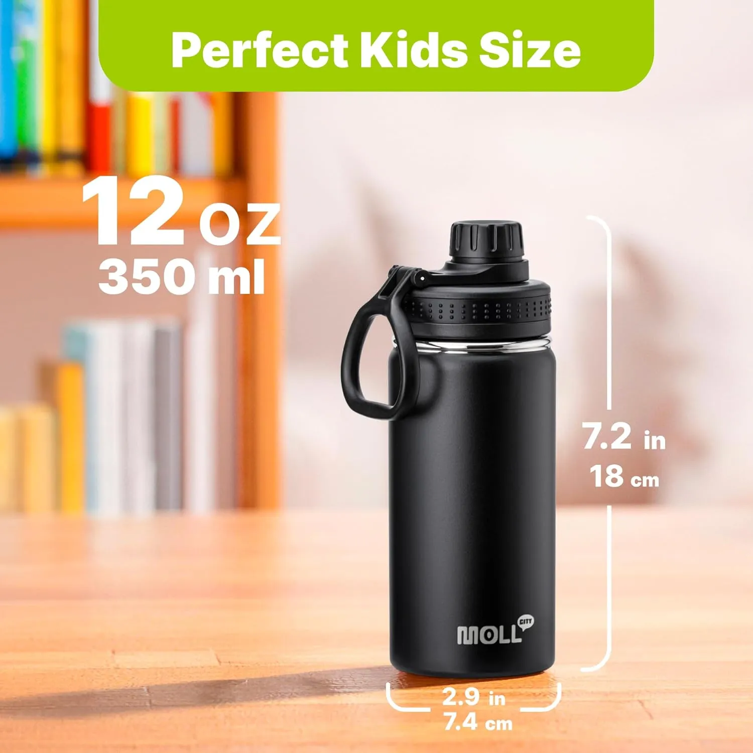 Kids Stainless Steel Water Bottle with Spout Lid-12 oz Vacuum Insulated Wide Mouth Sports Water Bottle for School, BPA Free (Black)