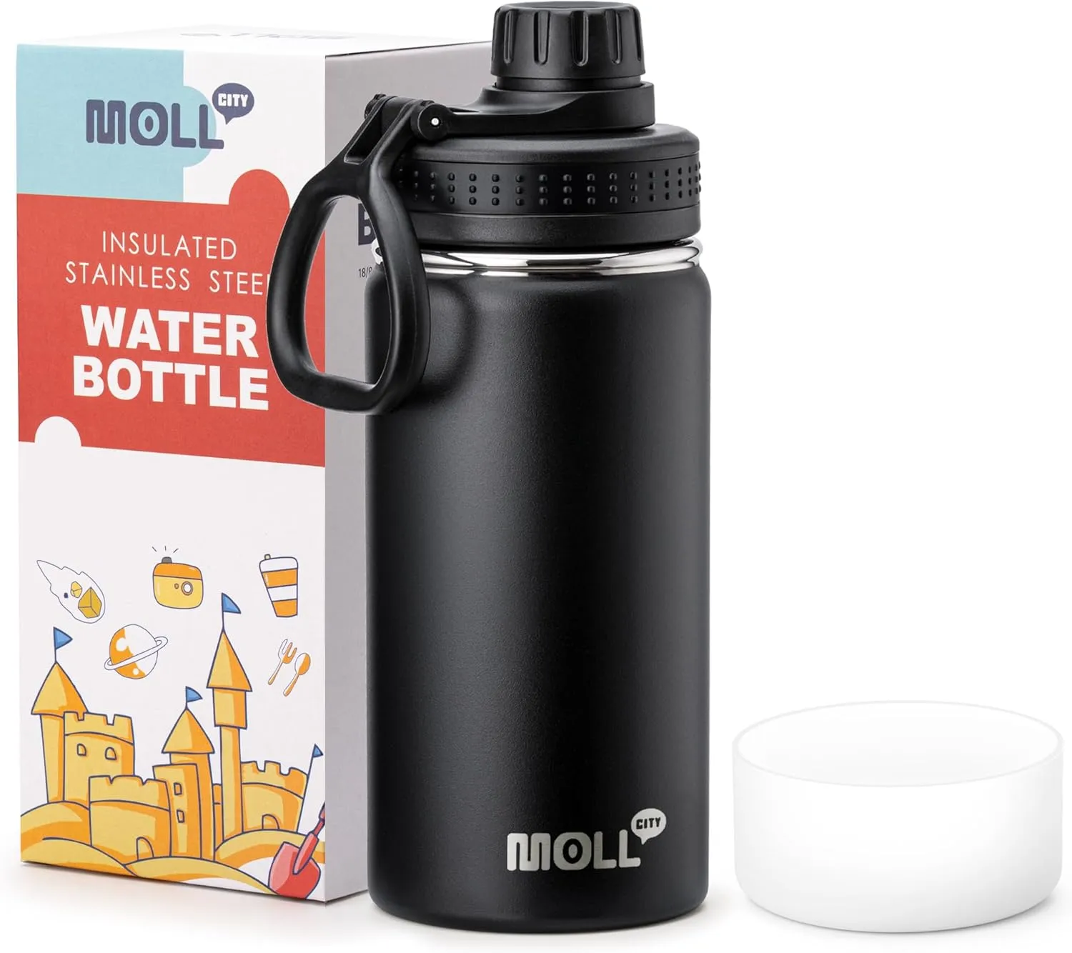 Kids Stainless Steel Water Bottle with Spout Lid-12 oz Vacuum Insulated Wide Mouth Sports Water Bottle for School, BPA Free (Black)