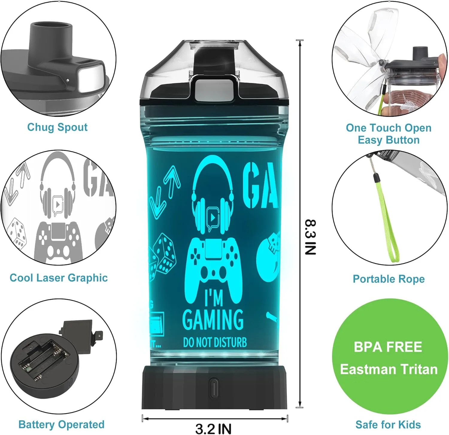 Kids Water Bottle, Game-themed Light-Up Sport Cup with 3D Glowing LED Game Light – 14 OZ Tritan BPA-Free - Camping, and Holidays (Game)…