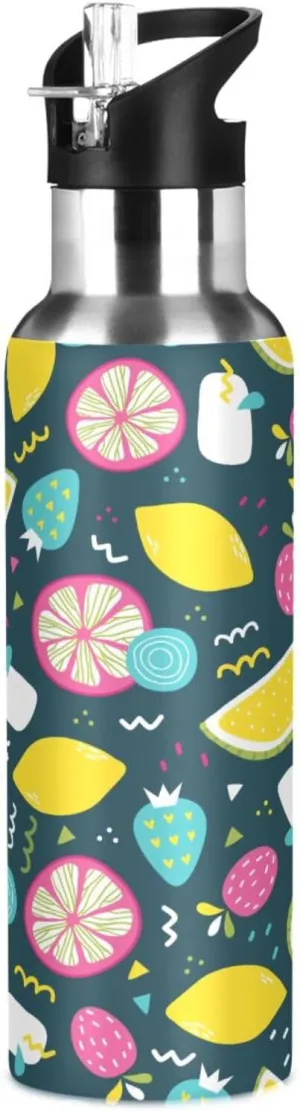 Kigai Summer Fruit Insulated Water Bottle with Straw Lid BPA-Free 20 oz Double Wall Vacuum Stainless Steel Leakproof Sports Water Bottle for Travel Fitness Gym