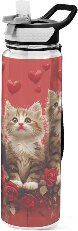Kigai Transparent Sports Water Bottle 32oz, Cats Roses Leakproof Wide Mouth Water Bottle with Straw, BPA Free Water Jug with Detachable Strap & Handle for Fitness Gym Outdoor