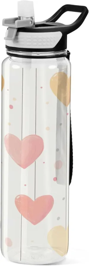 Kigai Transparent Sports Water Bottle 32oz, Colorful Hearts Leakproof Wide Mouth Water Bottle with Straw, BPA Free Water Jug with Detachable Strap & Handle for Fitness Gym Outdoor