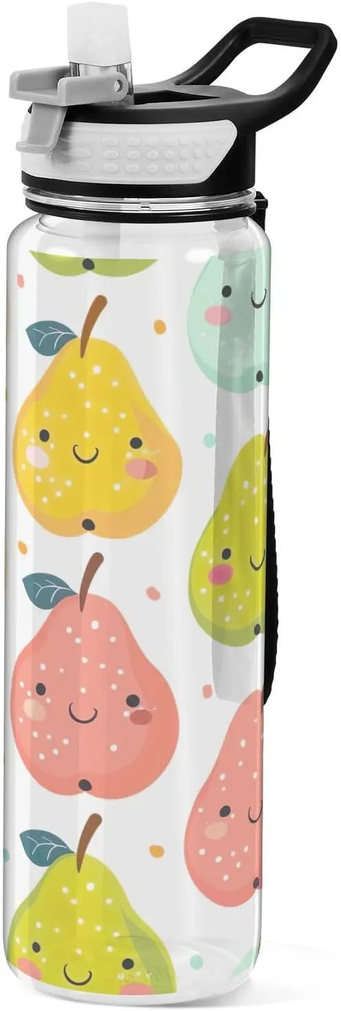 Kigai Transparent Sports Water Bottle 32oz, Colorful Pears Leakproof Wide Mouth Water Bottle with Straw, BPA Free Water Jug with Detachable Strap & Handle for Fitness Gym Outdoor