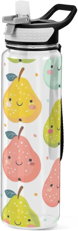 Kigai Transparent Sports Water Bottle 32oz, Colorful Pears Leakproof Wide Mouth Water Bottle with Straw, BPA Free Water Jug with Detachable Strap & Handle for Fitness Gym Outdoor