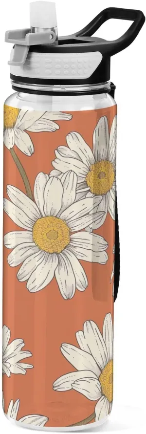 Kigai Transparent Sports Water Bottle 32oz, Daisies on Rust Orange Leakproof Wide Mouth Water Bottle with Straw, BPA Free Water Jug with Detachable Strap & Handle for Fitness Gym Outdoor
