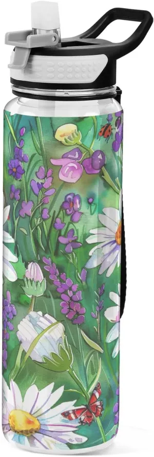 Kigai Transparent Sports Water Bottle 32oz, Daisy Flowers Leakproof Wide Mouth Water Bottle with Straw, BPA Free Water Jug with Detachable Strap & Handle for Fitness Gym Outdoor