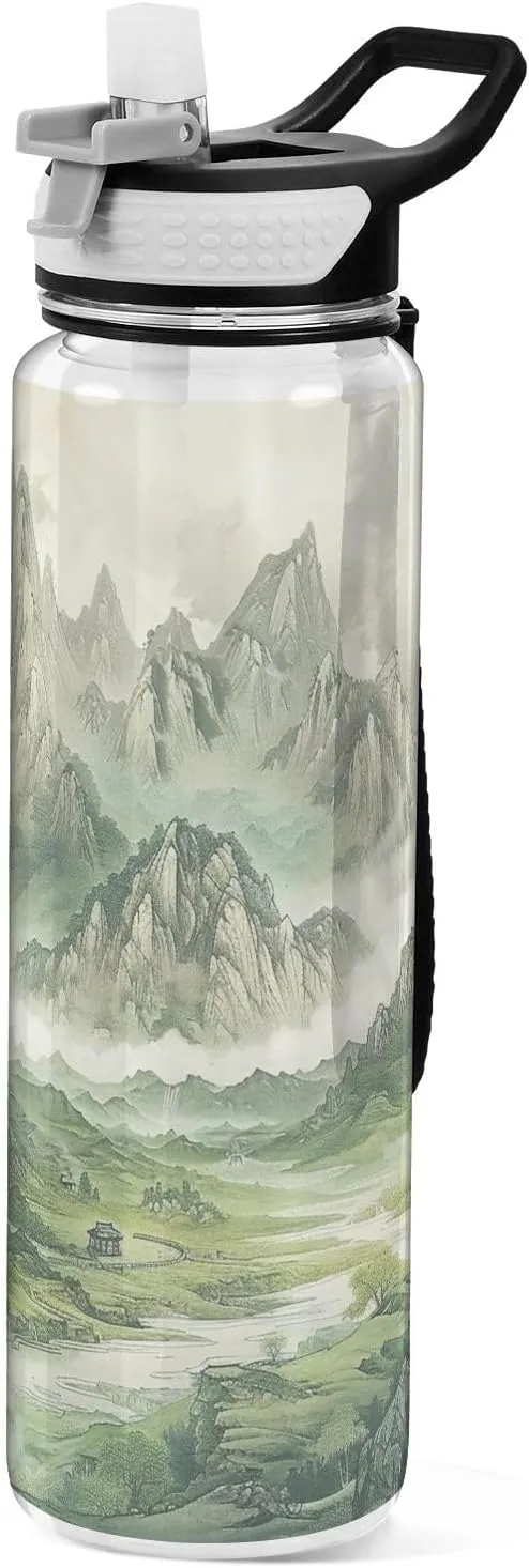 Kigai Transparent Sports Water Bottle 32oz, Green Mountain Leakproof Wide Mouth Water Bottle with Straw, BPA Free Water Jug with Detachable Strap & Handle for Fitness Gym Outdoor