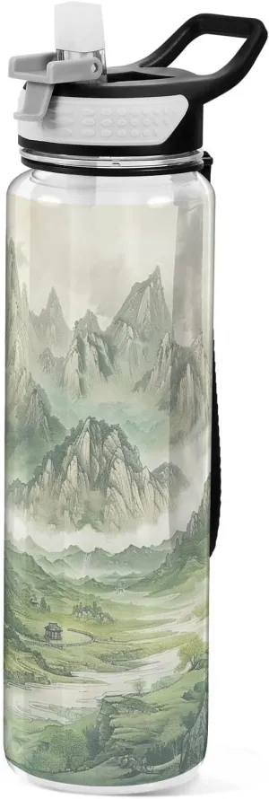Kigai Transparent Sports Water Bottle 32oz, Green Mountain Leakproof Wide Mouth Water Bottle with Straw, BPA Free Water Jug with Detachable Strap & Handle for Fitness Gym Outdoor