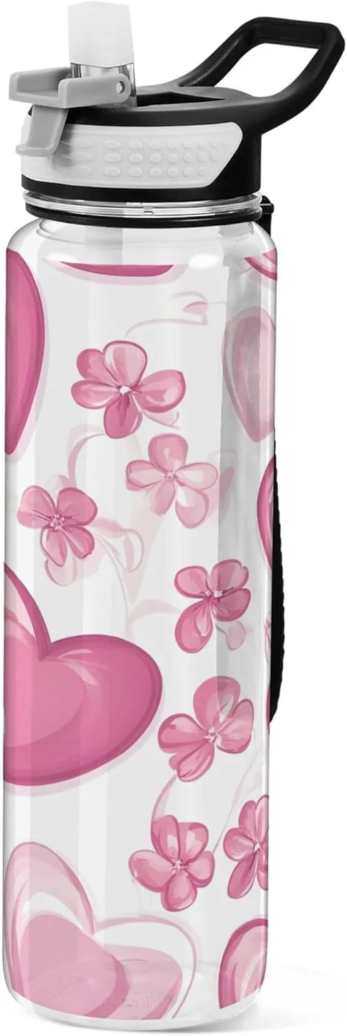 Kigai Transparent Sports Water Bottle 32oz, Hearts Floral Leakproof Wide Mouth Water Bottle with Straw, BPA Free Water Jug with Detachable Strap & Handle for Fitness Gym Outdoor