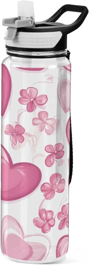 Kigai Transparent Sports Water Bottle 32oz, Hearts Floral Leakproof Wide Mouth Water Bottle with Straw, BPA Free Water Jug with Detachable Strap & Handle for Fitness Gym Outdoor