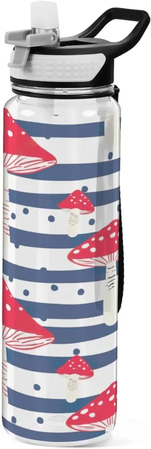 Kigai Transparent Sports Water Bottle 32oz, Red Mushrooms on Stripe Leakproof Wide Mouth Water Bottle with Straw, BPA Free Water Jug with Detachable Strap & Handle for Fitness Gym Outdoor