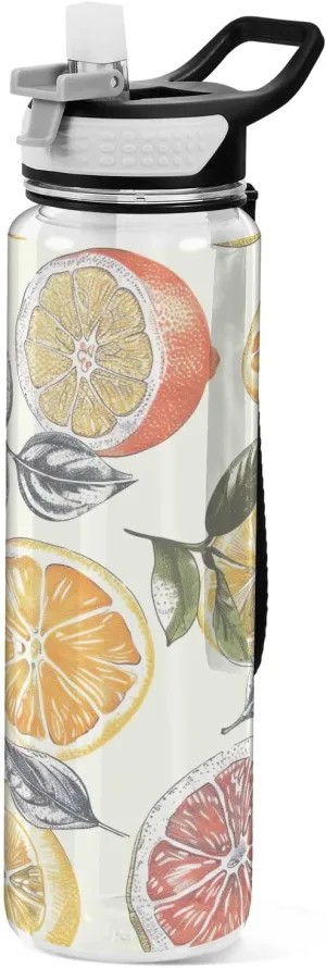 Kigai Transparent Sports Water Bottle 32oz, Retro Lemons Leakproof Wide Mouth Water Bottle with Straw, BPA Free Water Jug with Detachable Strap & Handle for Fitness Gym Outdoor
