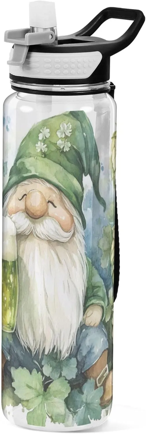Kigai Transparent Sports Water Bottle 32oz, St. Patrick Gnomes Leakproof Wide Mouth Water Bottle with Straw, BPA Free Water Jug with Detachable Strap & Handle for Fitness Gym Outdoor