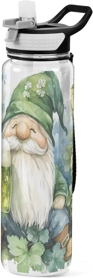 Kigai Transparent Sports Water Bottle 32oz, St. Patrick Gnomes Leakproof Wide Mouth Water Bottle with Straw, BPA Free Water Jug with Detachable Strap & Handle for Fitness Gym Outdoor