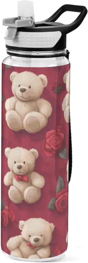 Kigai Transparent Sports Water Bottle 32oz, Valentine Bear Roses Leakproof Wide Mouth Water Bottle with Straw, BPA Free Water Jug with Detachable Strap & Handle for Fitness Gym Outdoor