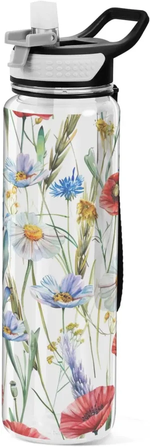 Kigai Transparent Sports Water Bottle 32oz, Wildflowers Leakproof Wide Mouth Water Bottle with Straw, BPA Free Water Jug with Detachable Strap & Handle for Fitness Gym Outdoor