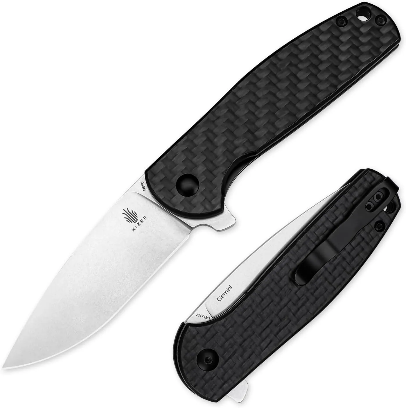 Kizer Gemini Pocket Knife, 3 In N690 Steel Blade Folding Knife, Carbon Fiber and G10 Handle EDC Knife for Men Women, Camping Folding Pocket Knife V3471M1