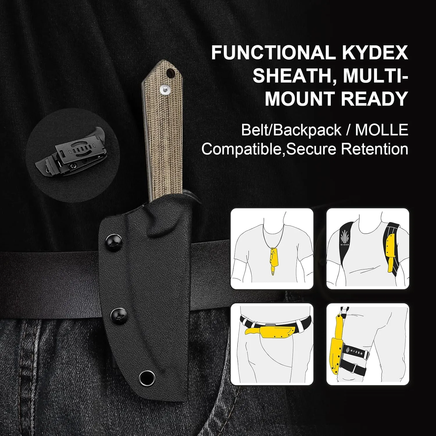 Kizer Mini Harpoon Fixed Blade Knife with Sheath, AEB-L Blade Hunting Knife with Micarta Handle, Camping Fixed Blade Small EDC knives for Hiking, Survival 1040S7