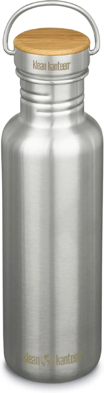 Klean Kanteen 27 oz Reflect Water Bottle with Bamboo Cap - Reusable Water Bottle - BPA-Free - Made with Stainless Steel & Food-Grade Silicone - Brushed Stainless, 27 oz