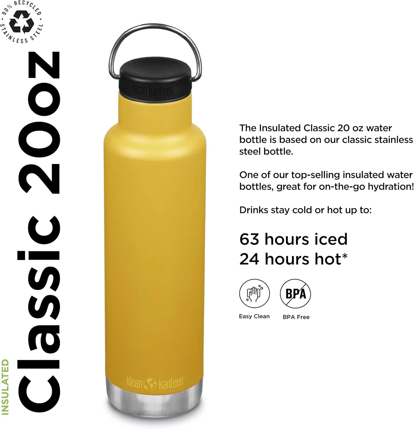 Klean Kanteen Classic Insulated Water Bottle with Loop Cap - Stainless Steel Drinking Bottle for Hot & Cold Beverages - Dishwasher-Safe Travel Bottle - Marigold, 20 oz
