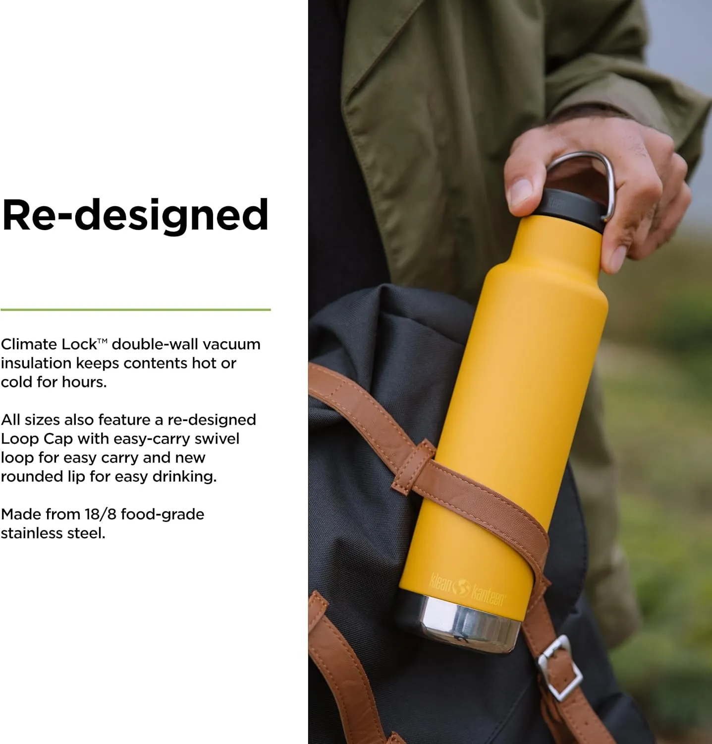 Klean Kanteen Classic Insulated Water Bottle with Loop Cap - Stainless Steel Drinking Bottle for Hot & Cold Beverages - Dishwasher-Safe Travel Bottle - Marigold, 20 oz