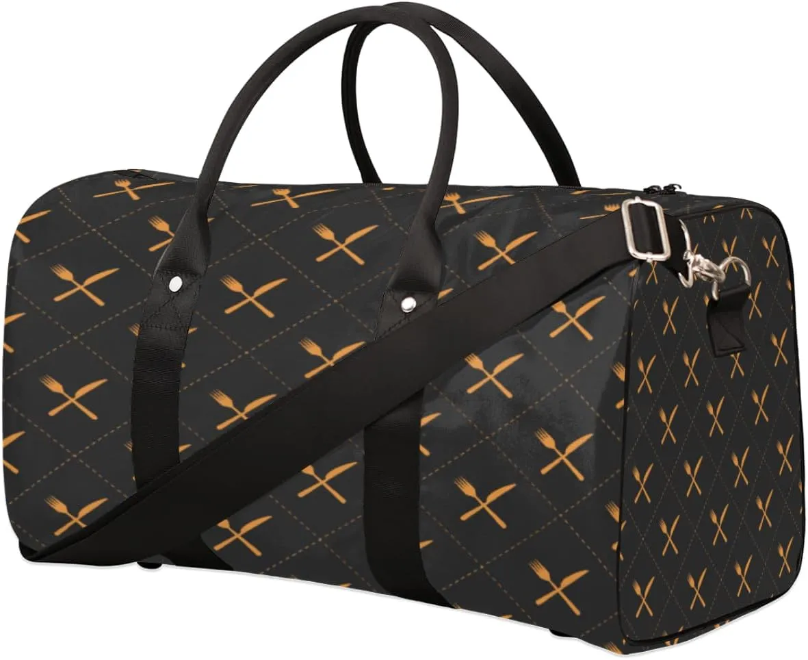 Knife Fork Tableware Pattern Travel Duffel Bag, Black Sports Tote Gym Bag, Foldable Weekender Overnight Bag, Luggage Handle Bag for Women Men
